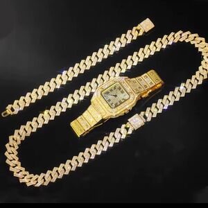 Gold and Silver Iced Out Watch and Bracelet Set